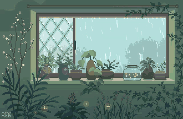 Pixel art of plants on a windowsill made by MiniMoss on tumblr